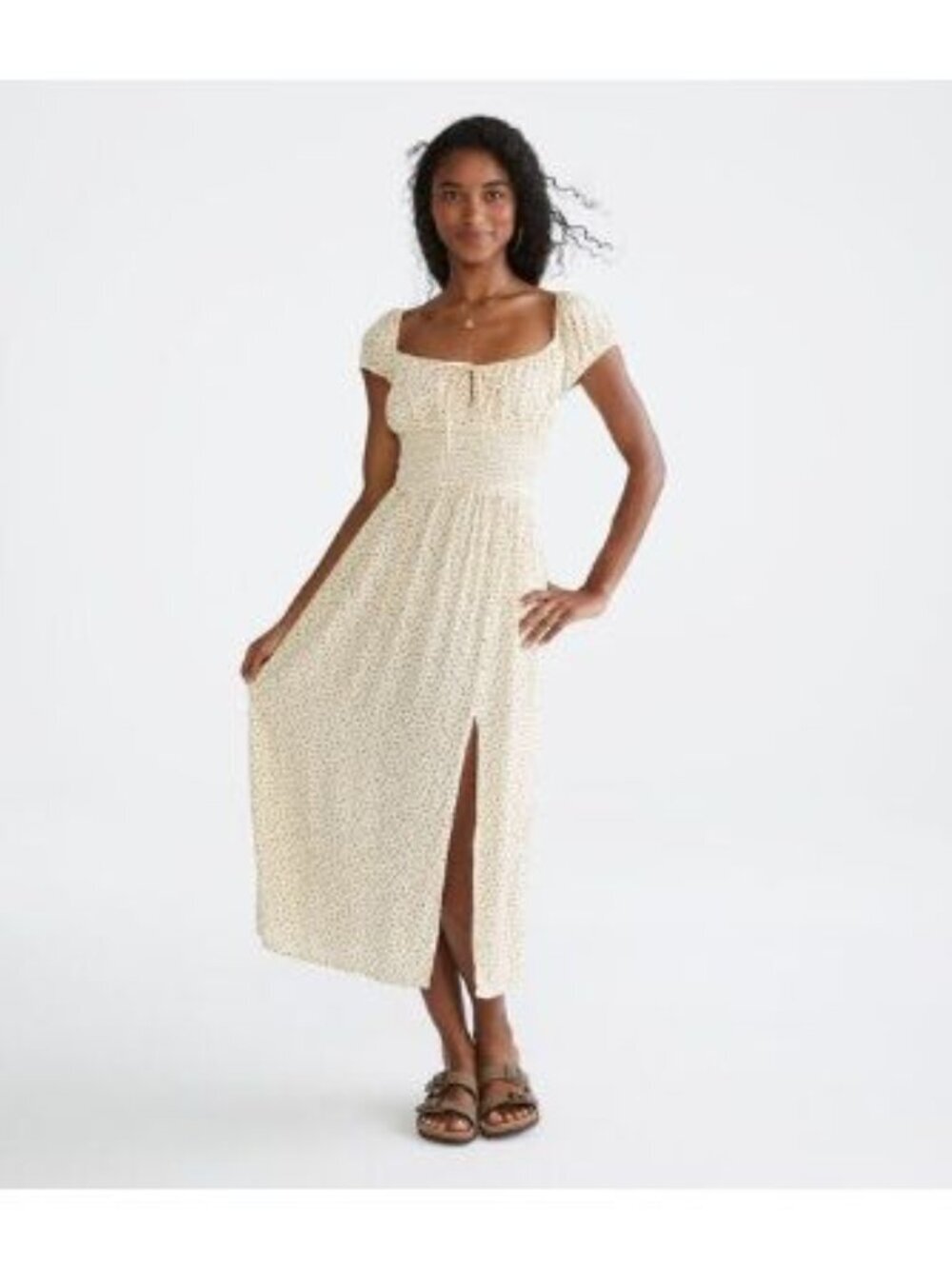 Aeropostale Floral Scoop-Neck Smocked Peasant Midi Dress Large Yellow Cream NWT